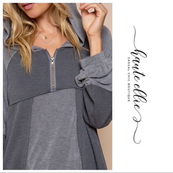 Sweet Rebecca-Hooded Blocked Gray Pullover - Picture 6 of 7